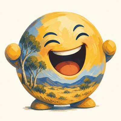 an exaggerated laughing face of an original round mascot character, bold and readable at small size, plain background, no text