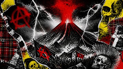 an erupting volcano with lightning strikes, dramatic wide composition, no text