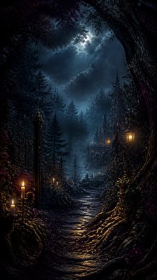 a mysterious forest path with fireflies and drifting mist, atmospheric vertical composition with open space at the top, no text