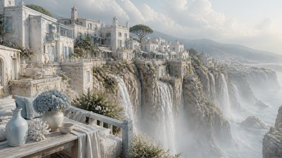 a cliffside city with waterfalls cascading into a misty canyon, wide establishing shot, no people, no text