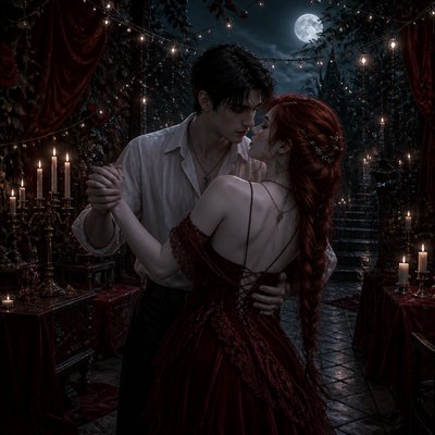 an original couple dancing under string lights in a garden at dusk: a man with short black hair in a linen shirt and a woman with braided red hair in a summer dress