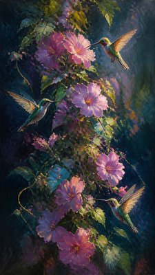 a climbing vine of flowers and hummingbirds on a dark background, tall wrapping composition, no text