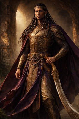 Style: A detailed, photorealistic character portrait in the style of high-fantasy historical cinema, focusing on texture, armor design, and facial structure.

The Subject: A full-body portrait of a single Gibeonite lord. He is a figure of imposing, "giant" stature, standing significantly taller than an average human (suggesting 7+ feet), but his proportions are lithe, graceful, and powerful rather than bulky or brutish.

Facial Features & Expression: He possesses a noble, almost ageless bearing reminiscent of an Elven lord, translated into ancient Near Eastern features. He has high, sculpted cheekbones, a strong aquiline nose, and intense, deep-set eyes that convey a calculating intelligence and ancient dignity. His expression is calm, watchful, and confident.

Hair & Adornment: His long, dark hair is elaborately and precisely braided, woven with hammered bronze rings and polished beads of carnelian and lapis lazuli.

Attire & Armor: He is dressed in attire that demonstrates advanced craftsmanship and sophistication. He wears a fitted breastplate of polished bronze, richly engraved with complex, swirling Canaanite motifs (stylized lions, gryphons, and geometric patterns). Beneath the armor, a tunic dyed deep Tyrian purple shows through.

Weapons: At his hip hangs a massive, curved khopesh sword, scaled to his immense height, with a hilt carved from hippopotamus ivory and inlaid with gold.

Pose & Lighting: He stands in a relaxed but formidable pose of authority, one hand resting on his sword hilt. The lighting is golden hour sunlight, catching the metallic sheen of the bronze armor and the intelligence in his eyes against a neutral, out-of-focus textured stone background.