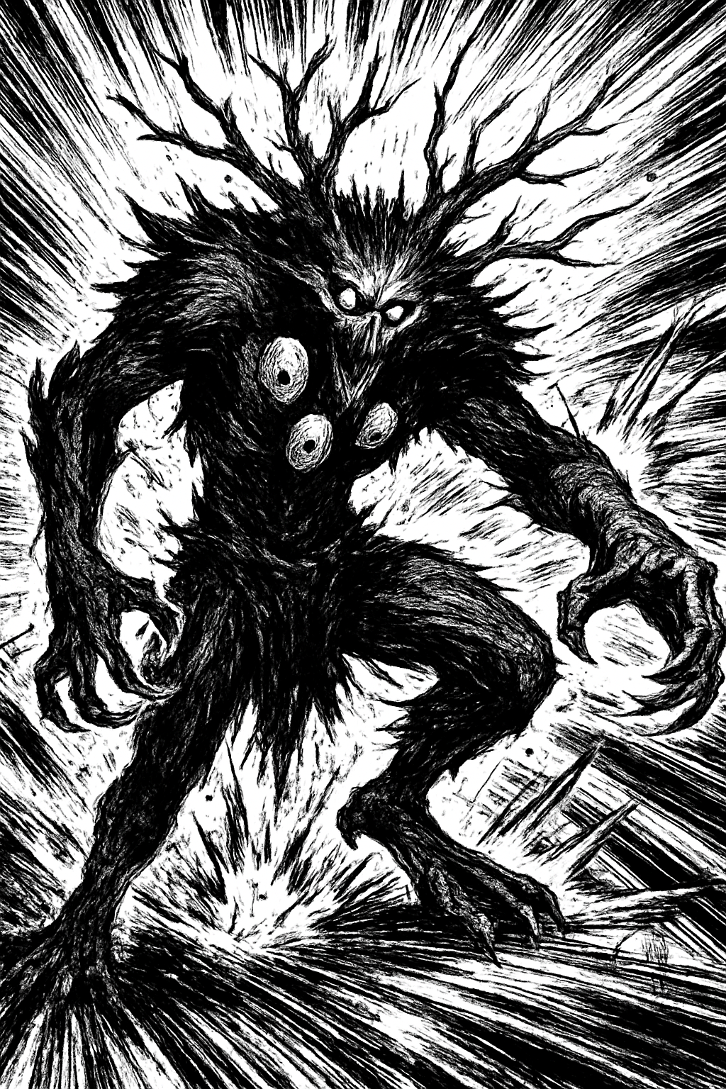 a black and white drawing of a demon