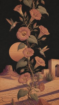 a climbing vine of flowers and hummingbirds on a dark background, tall wrapping composition, no text