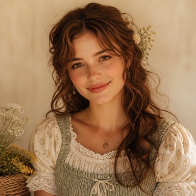 head-and-shoulders portrait of an original character: a young woman with wavy chestnut hair and a warm smile, plain soft backdrop