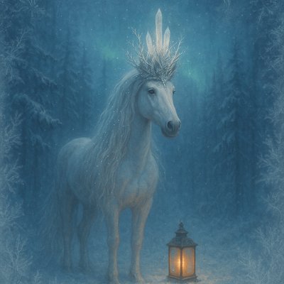 "A majestic white horse standing in a deep, snow-covered forest as a guardian of the winter solstice. The horse wears an intricate crown made of frosted silver branches and glowing quartz crystals. Fine starlight sparkles are woven into its long, flowing mane. A single vintage lantern sits on the snow at its feet, casting a warm, golden candlelight glow against the blue twilight. In the background, a faint aurora borealis dances through the trees. The style is whimsical and surreal, with a soft, painterly photographic quality—prioritizing quiet magic over loud spectacle."