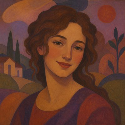 head-and-shoulders portrait of an original character: a young woman with wavy chestnut hair and a warm smile, plain soft backdrop