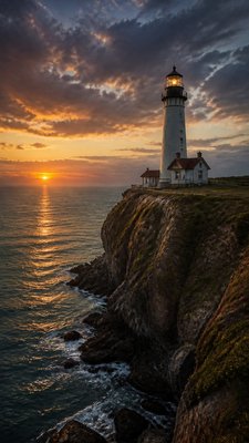 a lone lighthouse on a cliff at dusk under a dramatic sky, no text or lettering