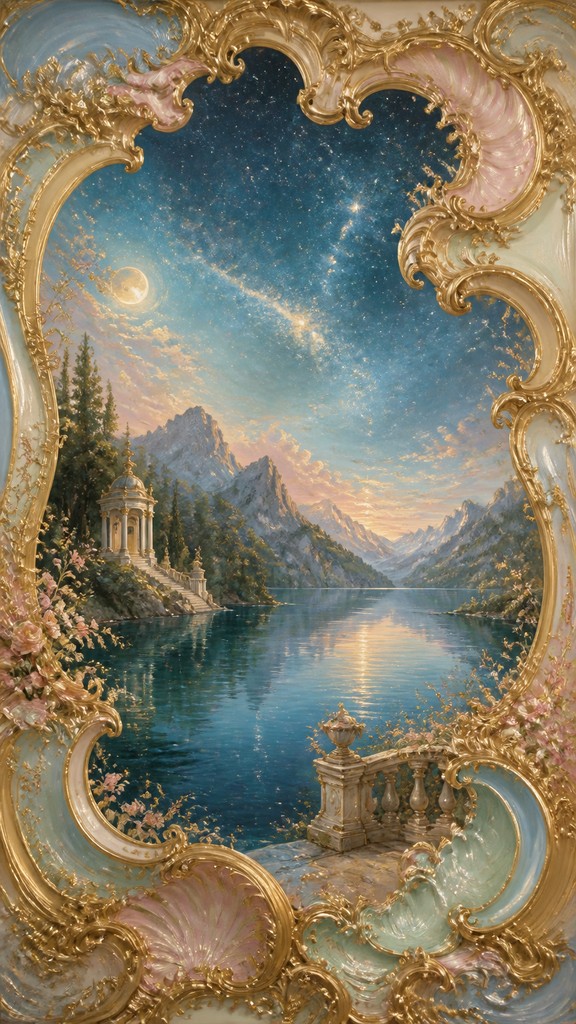 a tranquil mountain lake beneath a starry night sky, no people, no text