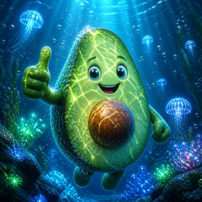 a happy avocado character giving a thumbs up, bold readable design on a plain background, no text