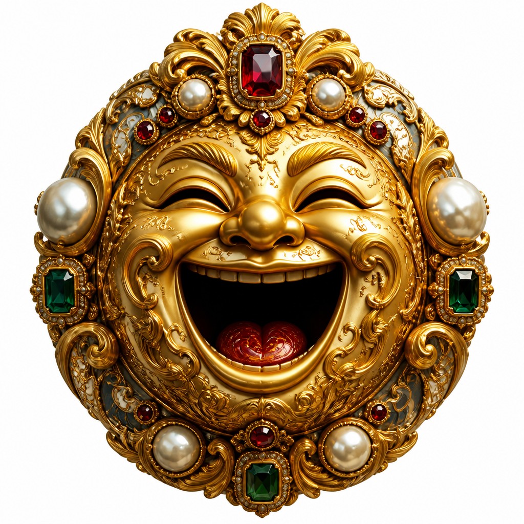 an exaggerated laughing face of an original round mascot character, bold and readable at small size, plain background, no text