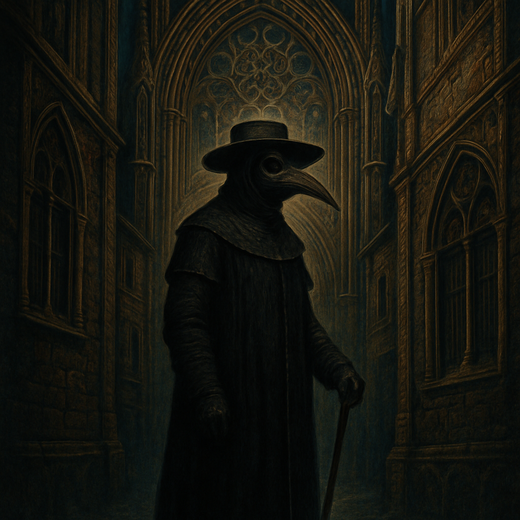 "A solitary and ominous Black Plague Doctor stands in a dimly lit, narrow cobblestone alleyway in a medieval European city. The doctor is clad head-to-toe in their iconic, dark, heavy protective gear: a long, oil-soaked waxed canvas or leather coat, dark gloves, and a wide-brimmed black hat. Their most striking feature, the beaked mask with dark, glass eyeholes, is prominent, creating an eerie, bird-like silhouette that conceals their face entirely. A wooden cane or pointer is held firmly in one gloved hand.

The atmosphere is heavy and foreboding. The background features dark, crumbling stone or timber-framed buildings with shuttered windows, hinting at a city under quarantine. Smoke or mist might subtly swirl around their feet. The lighting is stark and dramatic, perhaps from a distant lantern or a sliver of pale moonlight, casting deep shadows and highlighting the grim details of their attire. The overall mood is one of profound isolation, historical dread, and silent vigilance against an invisible enemy."