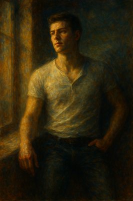 a painting of a man in a white shirt