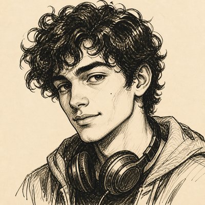 head-and-shoulders portrait of an original character: a young man with curly dark hair and headphones around his neck, plain backdrop, no text