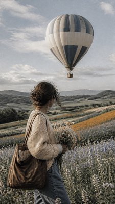 a hot air balloon drifting over rolling flower fields on a sunny day, cheerful, no text