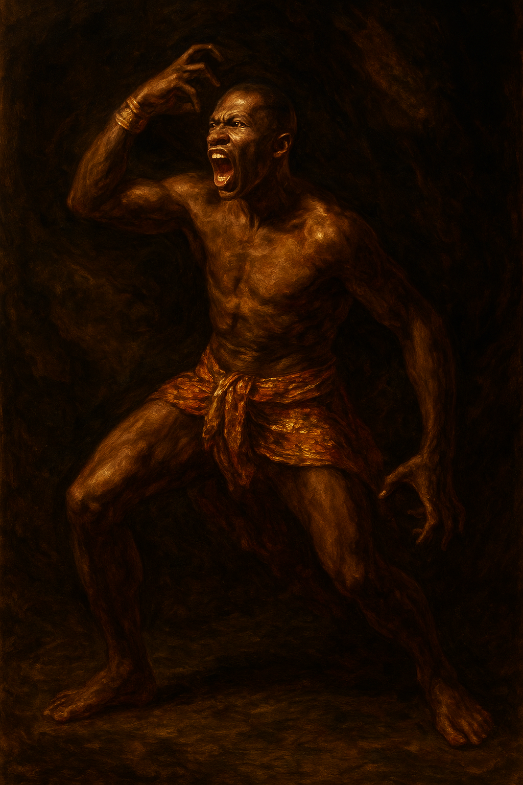 a painting of a man with a towel around his waist