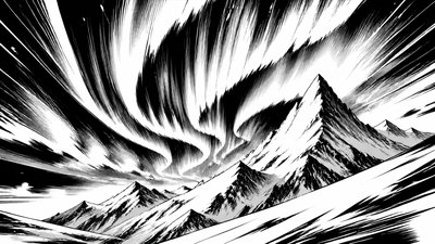 a flowing aurora over snowy peaks, wide sweeping composition, no people, no text