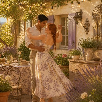 an original couple dancing under string lights in a garden at dusk: a man with short black hair in a linen shirt and a woman with braided red hair in a summer dress