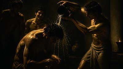 ancient greek athletes poring water on one another