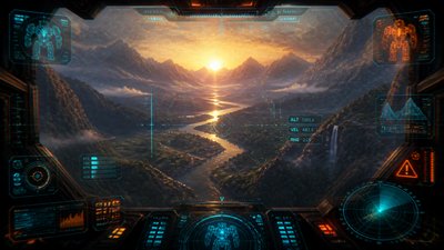 a vast valley with a river winding toward distant mountains at sunrise, no people, no text