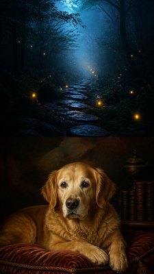 a mysterious forest path with fireflies and drifting mist, atmospheric vertical composition with open space at the top, no text