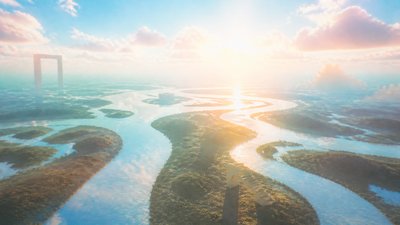 a wide river delta seen from above at sunset, no people