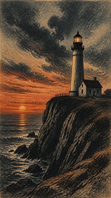 a lone lighthouse on a cliff at dusk under a dramatic sky, no text or lettering