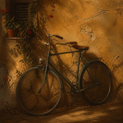 bicyle resting against a wall — Classical Realism Art Style