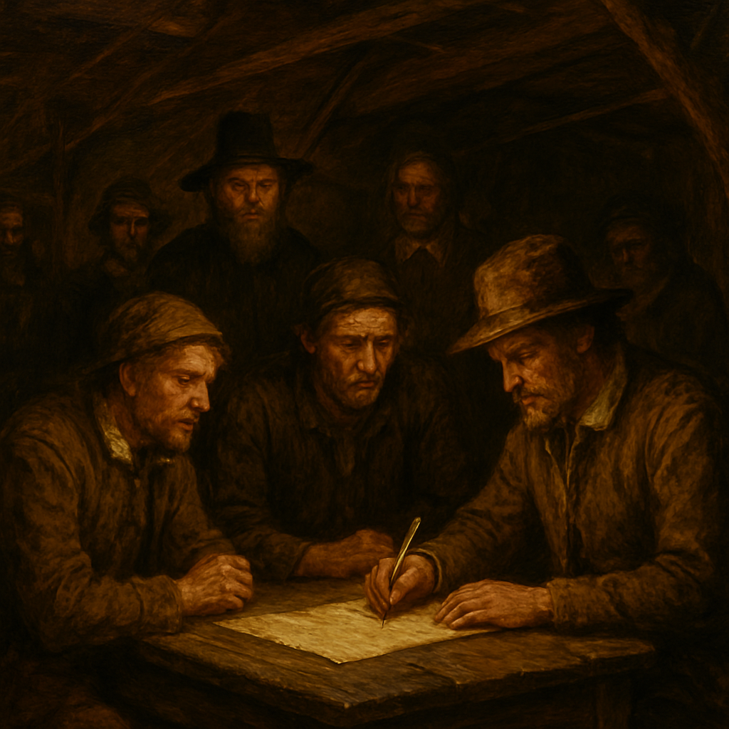 A historically accurate and atmospheric depiction of the signing of the Mayflower Compact aboard the ship in November 1620. The scene is set in the dimly lit, cramped cabin of the Mayflower, with the ship's timbers and rigging subtly visible, conveying the challenging conditions of the voyage. A simple table or chest serves as the signing surface. The primary focus is on a small group of the last individuals signing the document: specifically, the indentured servants (or 'strangers' not directly part of the Separatist congregation) approaching or at the table. Their expressions show a mix of weary determination, understanding of the necessity, and perhaps a hint of quiet apprehension or resignation to this new social contract, given their status. They are dressed in the plain, practical clothing typical of 17th-century commoners and laborers. Figures of prominent Pilgrims or 'Saints' (like William Bradford or John Carver) are visible in the background, observing the proceedings with a sense of gravity and leadership, but they are not the central focus. The lighting is low and warm, perhaps from a lantern, creating a chiaroscuro effect that highlights the faces of the signers. The atmosphere conveys the momentousness of the act under difficult circumstances, the diverse composition of the group, and the early seeds of self-governance in a new world. The artistic style is a realistic, historically detailed oil painting, capturing the solemnity and human element of this pivotal historical moment."