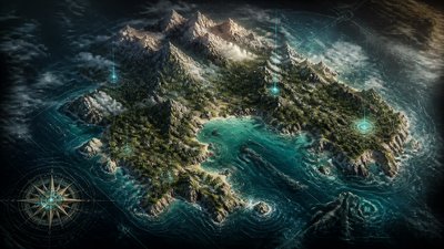 a map of an island realm with mountains, forests, a sheltered bay, sea monsters in the water and a compass rose, no text labels
