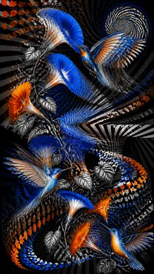 a climbing vine of flowers and hummingbirds on a dark background, tall wrapping composition, no text