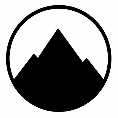 an emblem of a mountain peak inside a circle, simple bold shapes on a plain background, no text or lettering