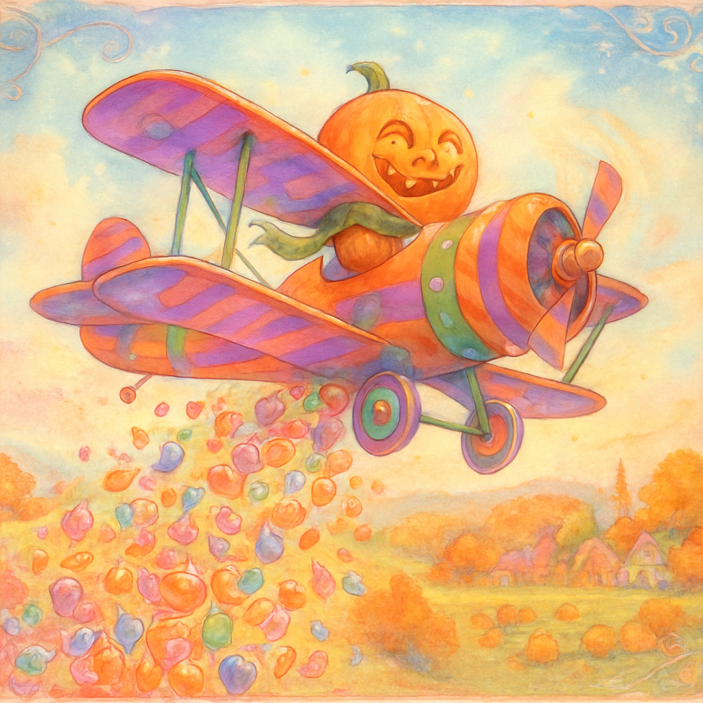 A fantastically cheerful and dynamic scene featuring the happy pumpkin-head figure (with the swirled, smiling carved face and internal glow) as the pilot of a classic, brightly colored biplane. The biplane itself is whimsically designed, perhaps with candy-themed accents or painted in vibrant, cheerful colors like orange, purple, and green.
The biplane is soaring through a clear, azure autumn sky, actively 'crop-dusting' a massive, exuberant stream of colorful Halloween candy from its underside. The candy (an abundant mix of wrapped chocolates, lollipops, candy corn, and various sweets) cascades downwards in a wide, joyous plume, spreading across the landscape below.
The landscape beneath the biplane is an idyllic, festive autumnal scene: rolling hills covered in vibrant fall foliage (golden, red, orange trees), a charming pumpkin patch, or a quaint, candy-colored village. The perspective is dynamic, capturing the plane in motion with the candy streaming behind it. The lighting is bright and sunny, emphasizing the vivid colors of the plane, the candy, and the autumn scenery. The overall mood is one of pure, unadulterated joy, playful magic, and festive exuberance, like a sugary parade from the sky." whimsical illustration, cartoon animation style, vibrant, dynamic motion, expressive character, detailed candy and plane design, festive atmosphere