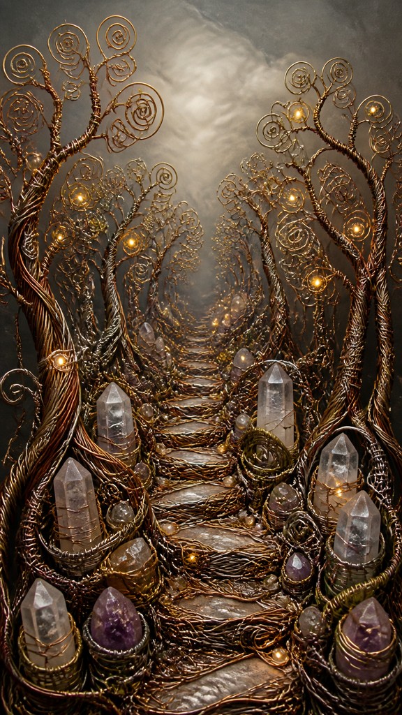 a mysterious forest path with fireflies and drifting mist, atmospheric vertical composition with open space at the top, no text