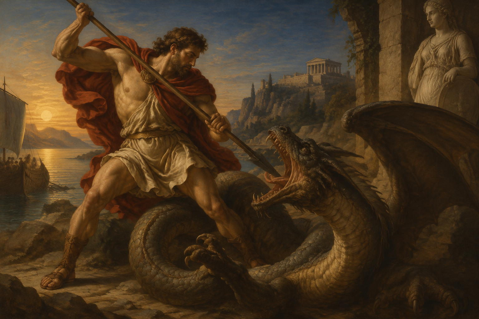ancient greek Jason fights the dragon