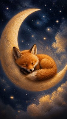 a sleeping baby fox curled on a crescent moon among soft stars, gentle and warm, no text