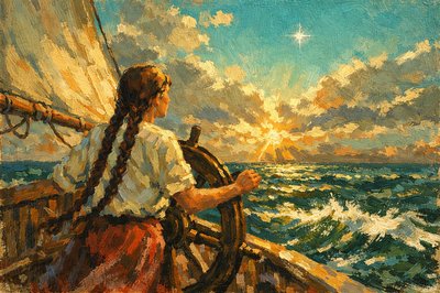 A woman with long braided hair down to the waist is holding the helm of a keel boat right at the time between day and night. The morning star is in the sky which she is steering her ship to. 