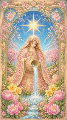 a robed figure pouring water beneath a large eight-pointed star in a night sky, symmetrical composition with an ornate decorative border, no text