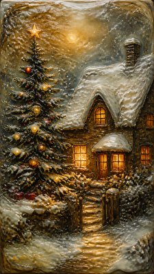 a snow-covered cottage with warm glowing windows beside a decorated pine tree, gentle snowfall, no text