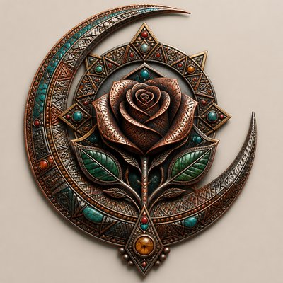 a rose entwined with a crescent moon, clean balanced composition on a plain background, no text