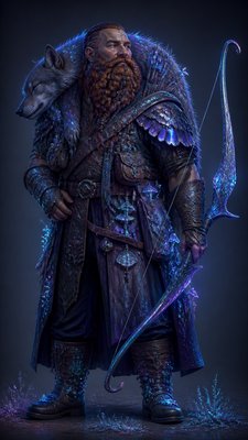 full-body original character: a dwarven ranger with a braided auburn beard, worn leather armor, a longbow and a wolf-pelt cloak, neutral background, no text