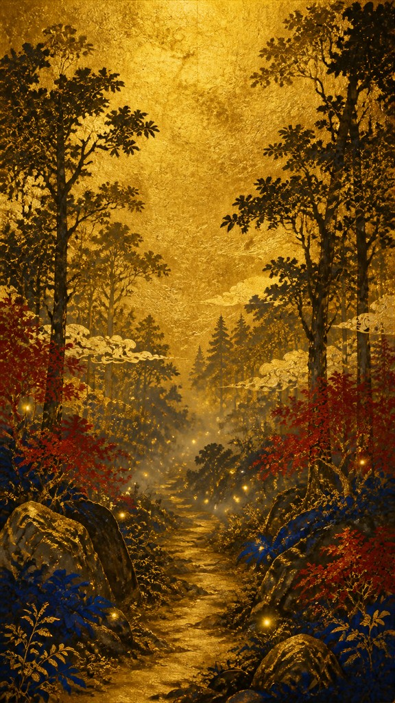 a mysterious forest path with fireflies and drifting mist, atmospheric vertical composition with open space at the top, no text