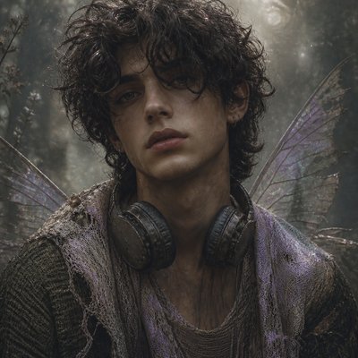 head-and-shoulders portrait of an original character: a young man with curly dark hair and headphones around his neck, plain backdrop, no text