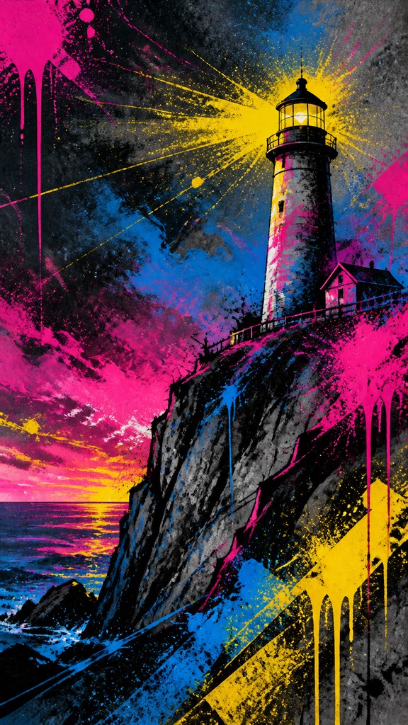 a lone lighthouse on a cliff at dusk under a dramatic sky, no text or lettering
