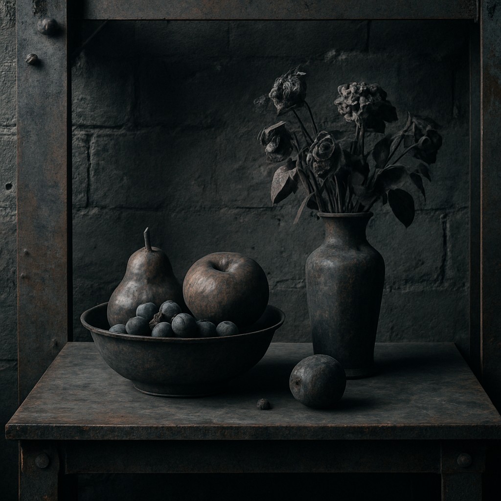 still life arrangement of fruits and flowers