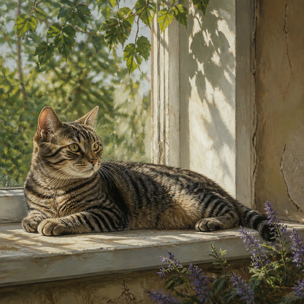 a cat lounging in a sunlit window