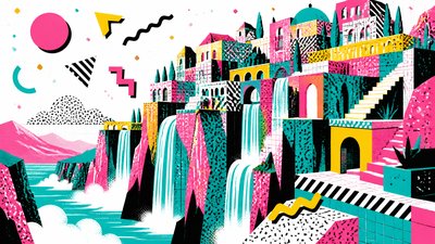 a cliffside city with waterfalls cascading into a misty canyon, wide establishing shot, no people, no text