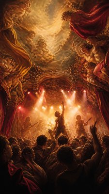 a live music scene with a glowing stage and silhouetted crowd, energetic vertical composition with open space at the top, no text