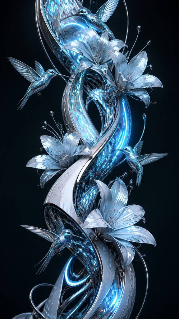 a climbing vine of flowers and hummingbirds on a dark background, tall wrapping composition, no text